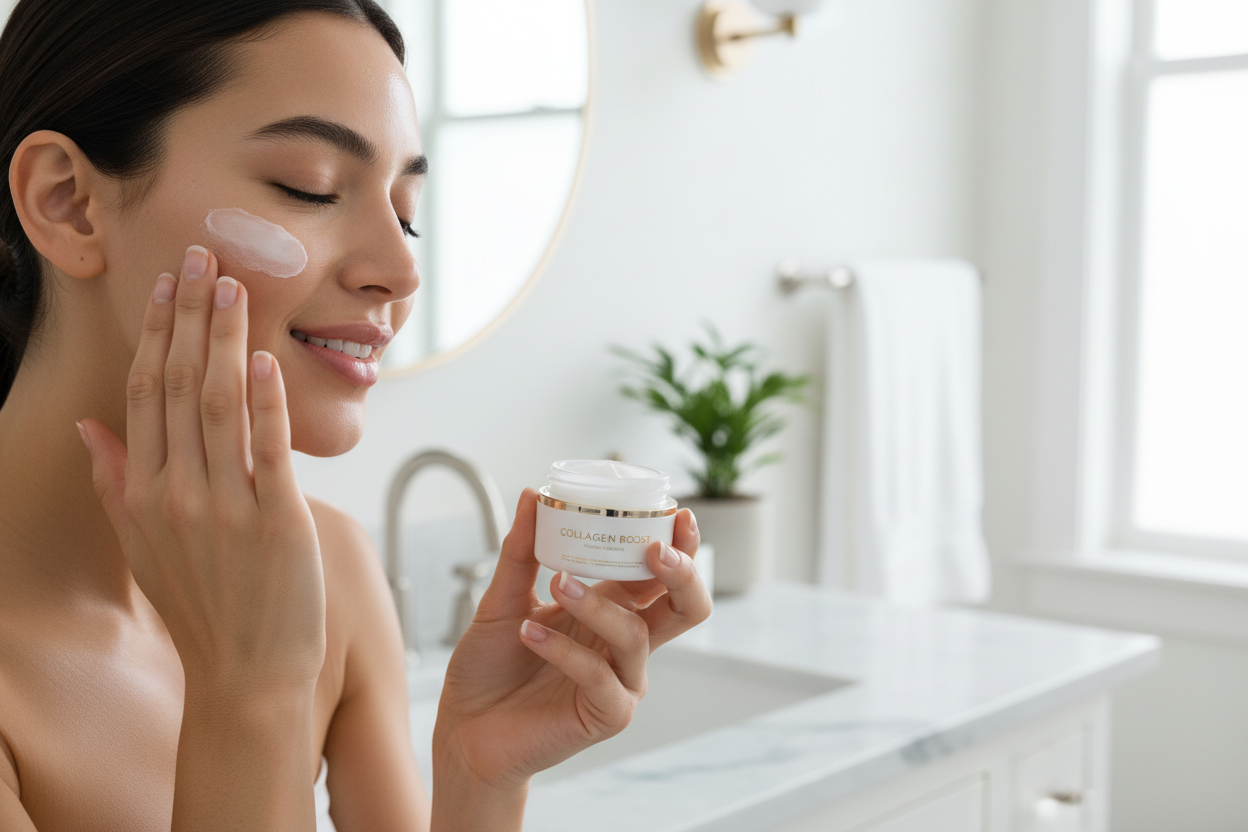 make me a image of a girl using collagen cream