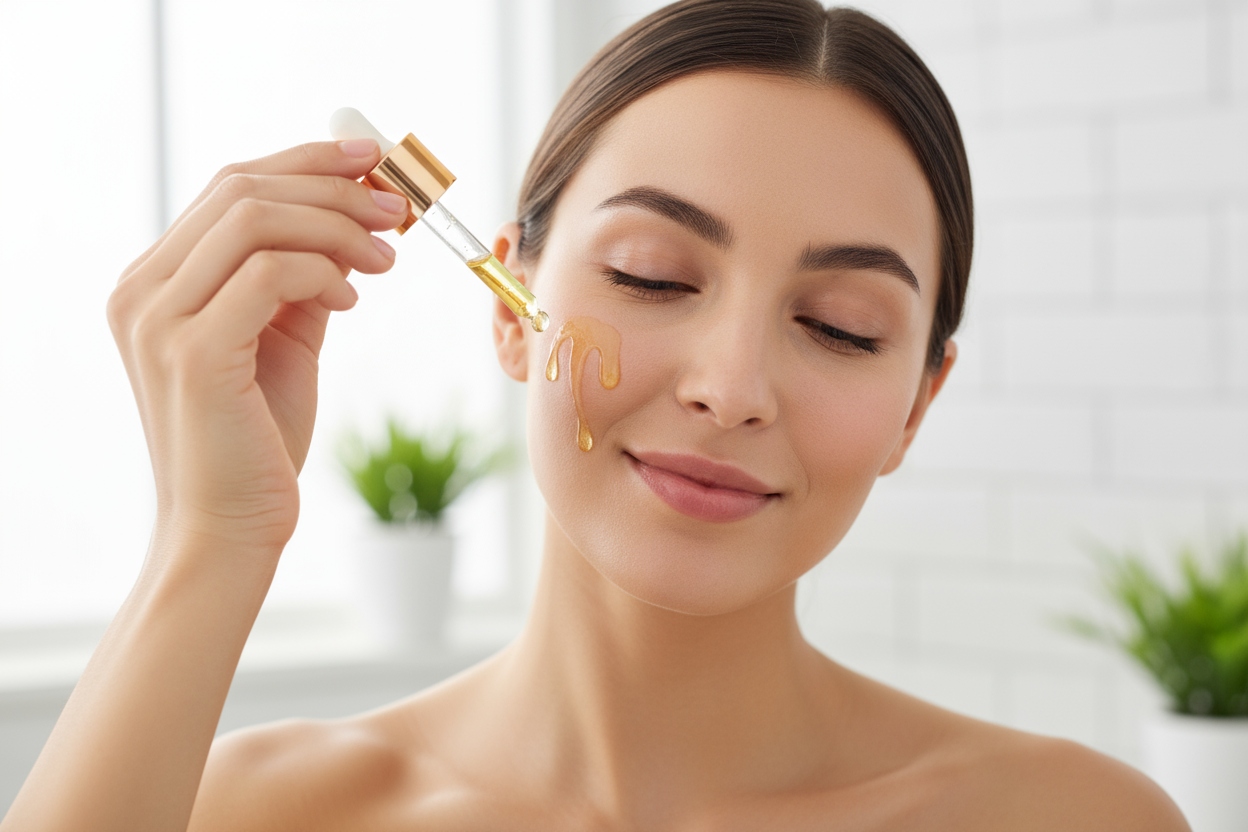 make me an image of a girl using collagen drops